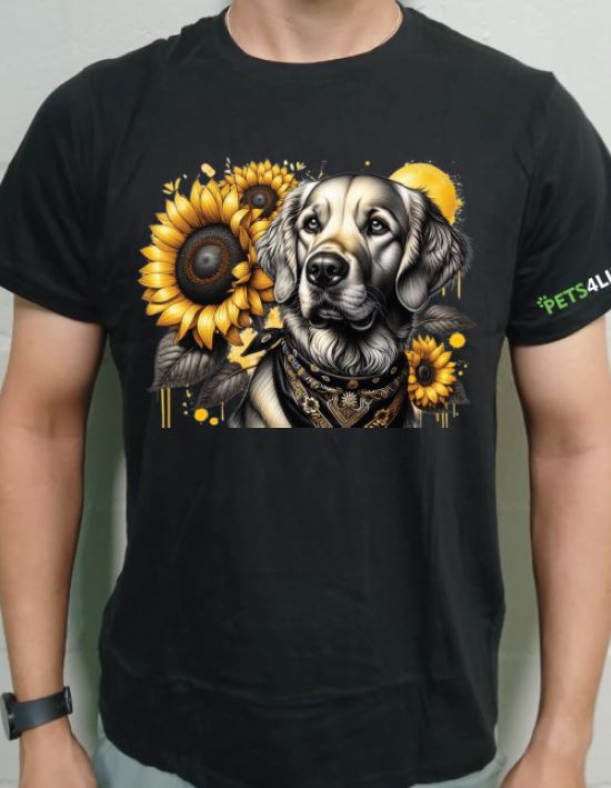 golden retriever sunflowers black tshirt