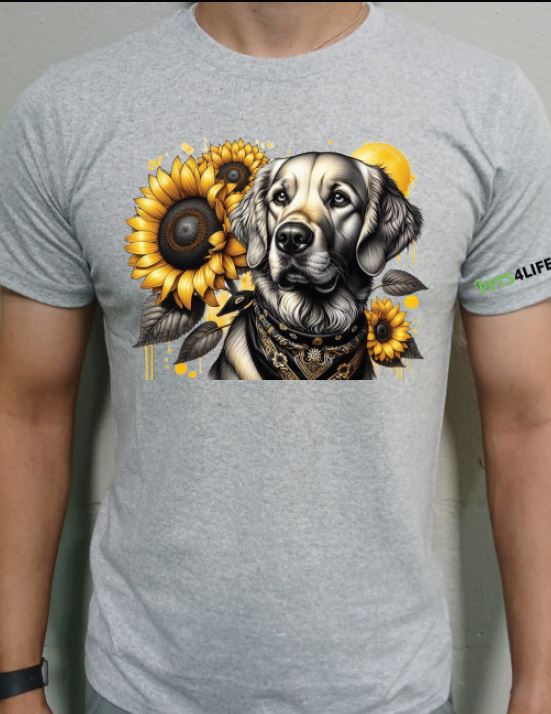 golden retriever sunflowers grey tshirt
